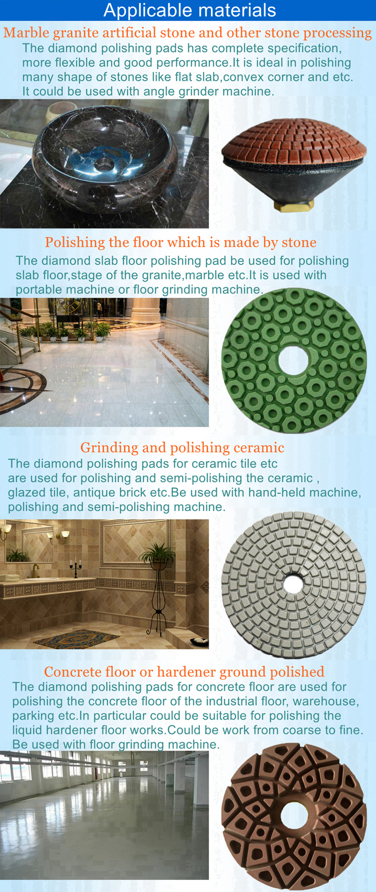 diamond polishing pads for stone concrete ceramic and so on