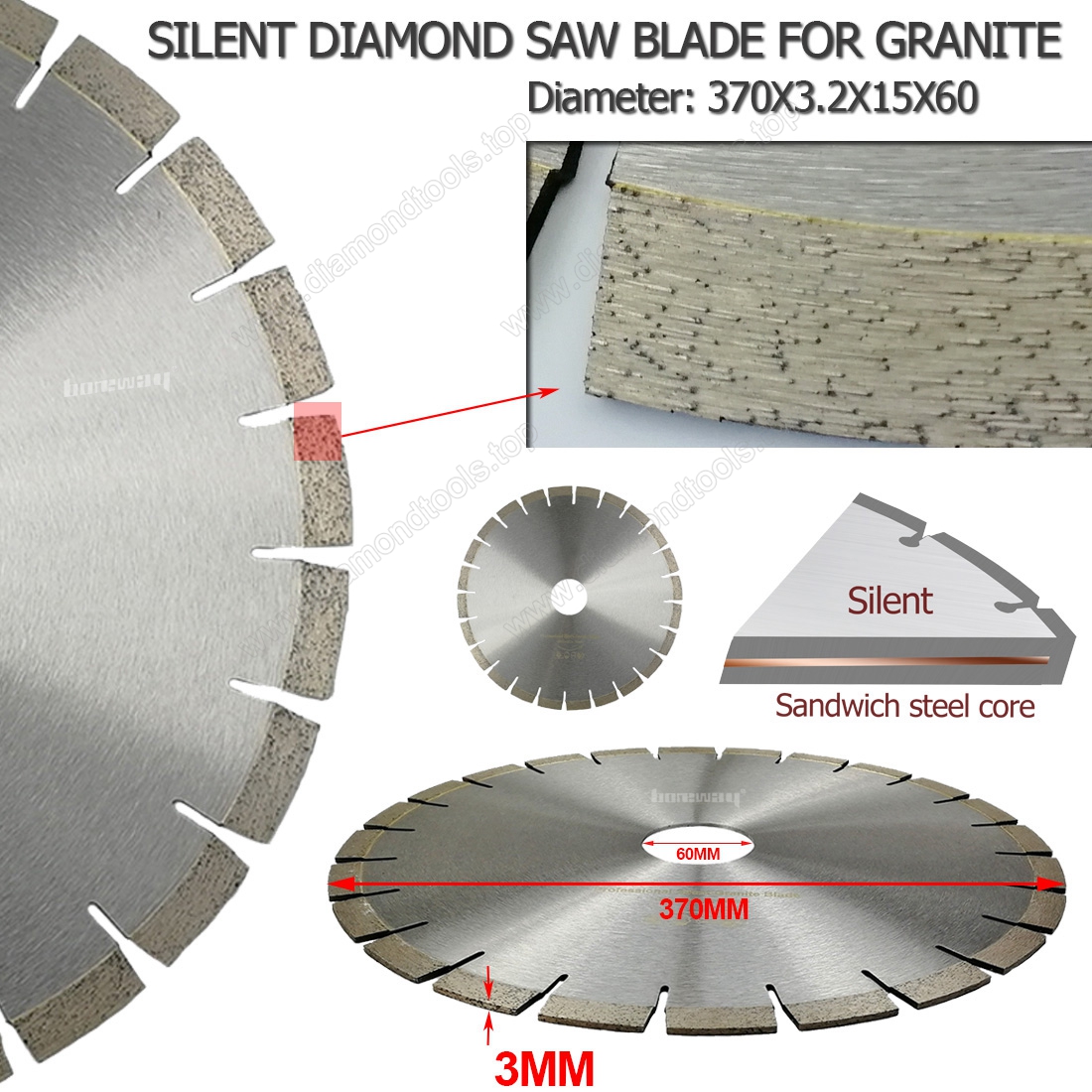 Diamond Silent Saw Blade Sandwich Steel core Granite cutting Disc Wheel Bore