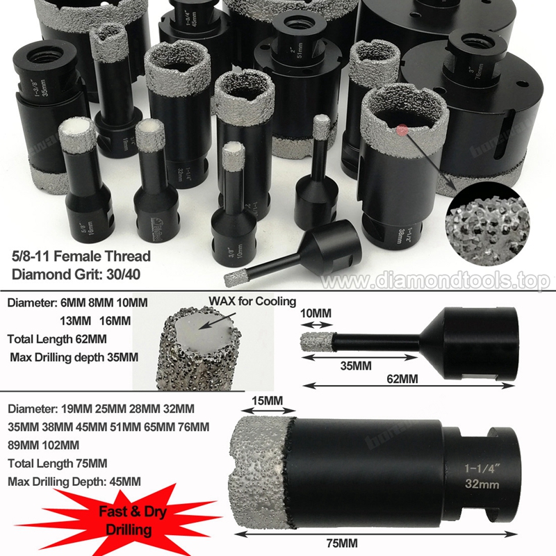 Vacuum Brazed Diamond Core Drill Bits, Dry Drilling Bits with 5/8-11 Connection