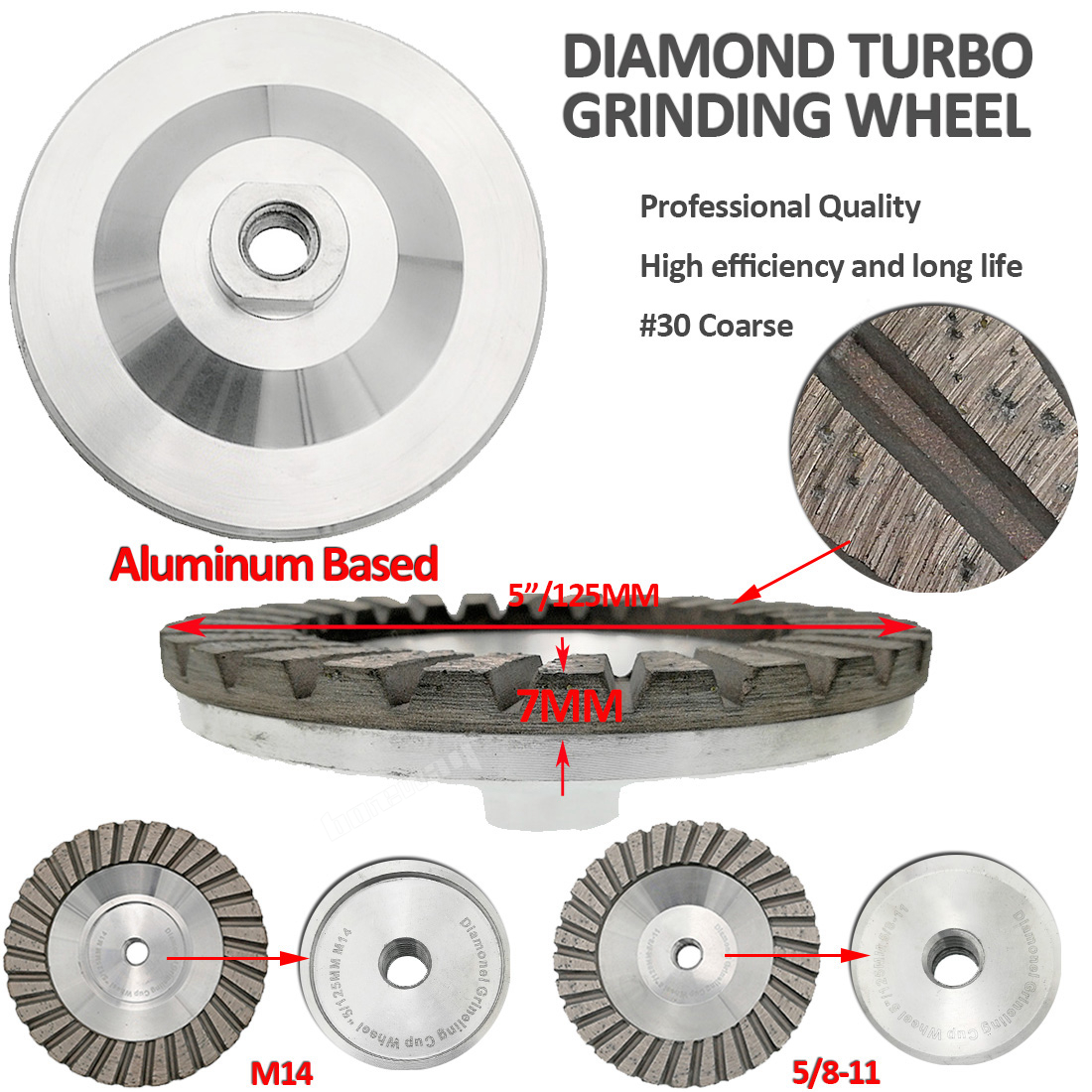 Aluminum Based Diamond Turbo Grinding Wheel M14 or 5/8-11 Thread diamond grinding cup wheel