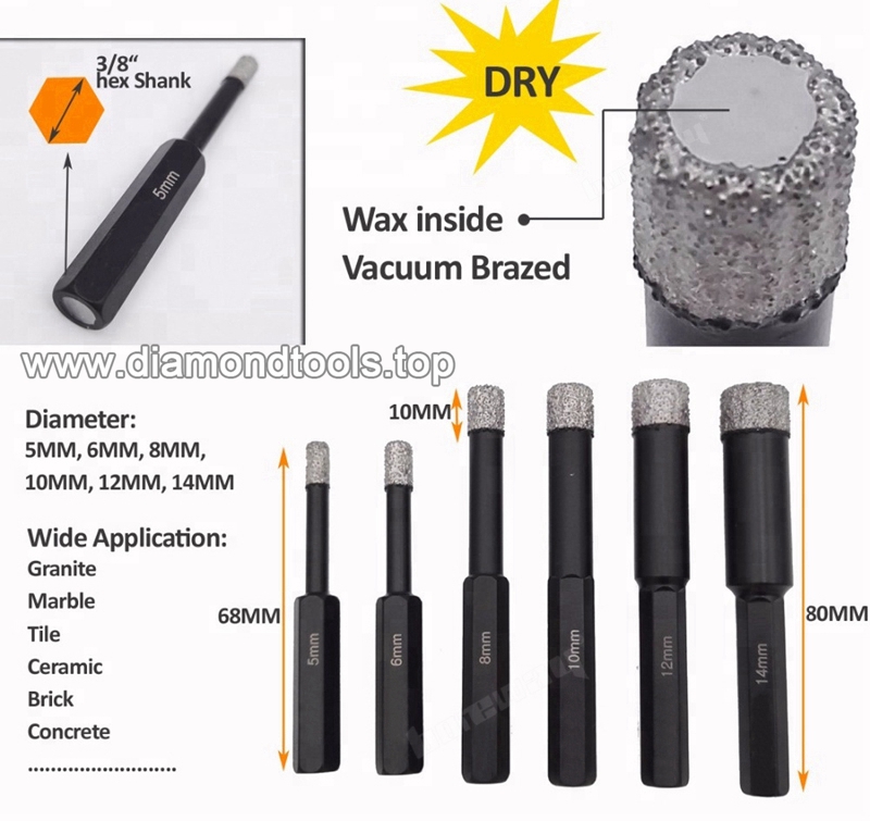 Hexagon Shank Vacuum Brazed Diamond Core Drill Bits 5mm-14mm Dry Drilling core Bits drill hole saw high quality diamond drill bits