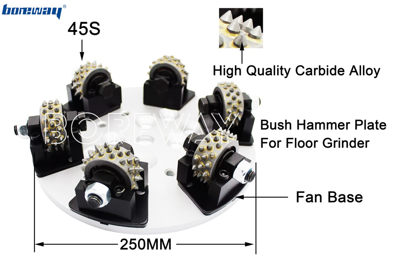 250mm Bush Hammer Floor Grinding Plate With 6 Roller 45 Teeth Litchi Surface 