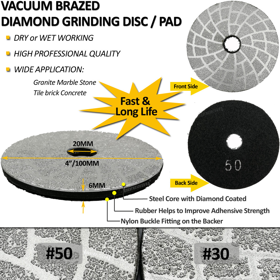Diamond Vacuum Brazing Polishing Pad For Granite Marble  Concrete Fast Polishing