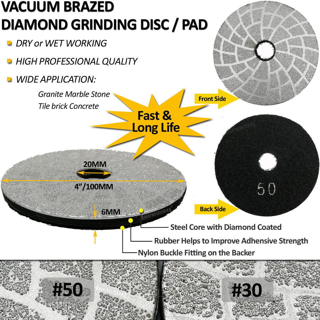 4inch 100mm Vacuum Brazed Diamond Grinding Disc Shaping Or Beveling Grinding Pad