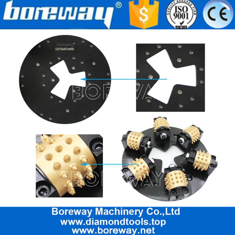 China 270mm Rotary HTC Bush Hammer Plate With 6 Carbide Alloy Roller Manufacturer